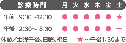 診療時間：午前9:30〜12:30／午後2:30〜 8:30／休診：土曜午後、日曜、祝日／土曜：午後1:30まで